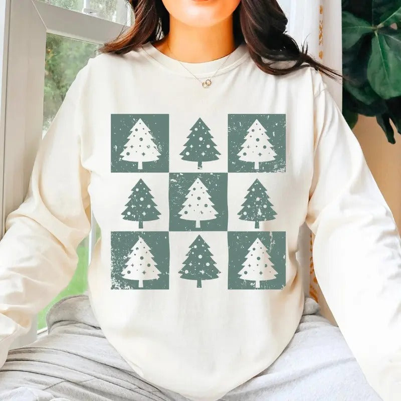 Retro Checkered Trees Distressed Xmas - Adult & Kids T-Shirts, Sweatshirts & Hoodies apparel design preview 1