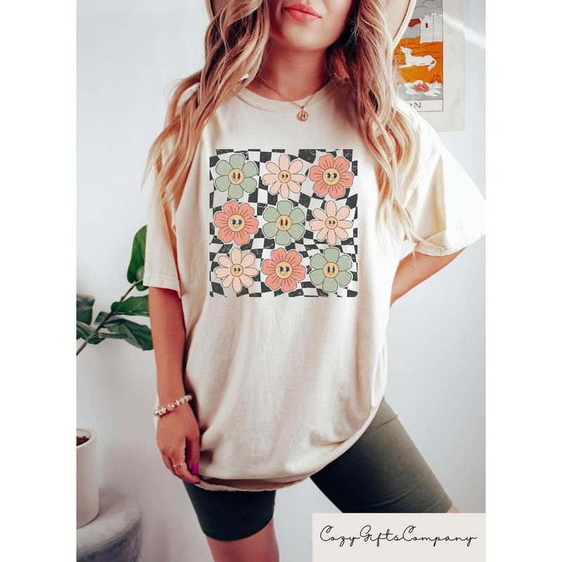 Retro Checkered Flower Flowers Comfort Summer Boho - Adult & Kids T-Shirts, Sweatshirts & Hoodies apparel design preview 1