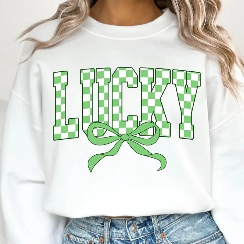 Retro Checkered Lucky St Patrick'S Day Coquette - Adult & Kids T-Shirts, Sweatshirts & Hoodies apparel design preview 1