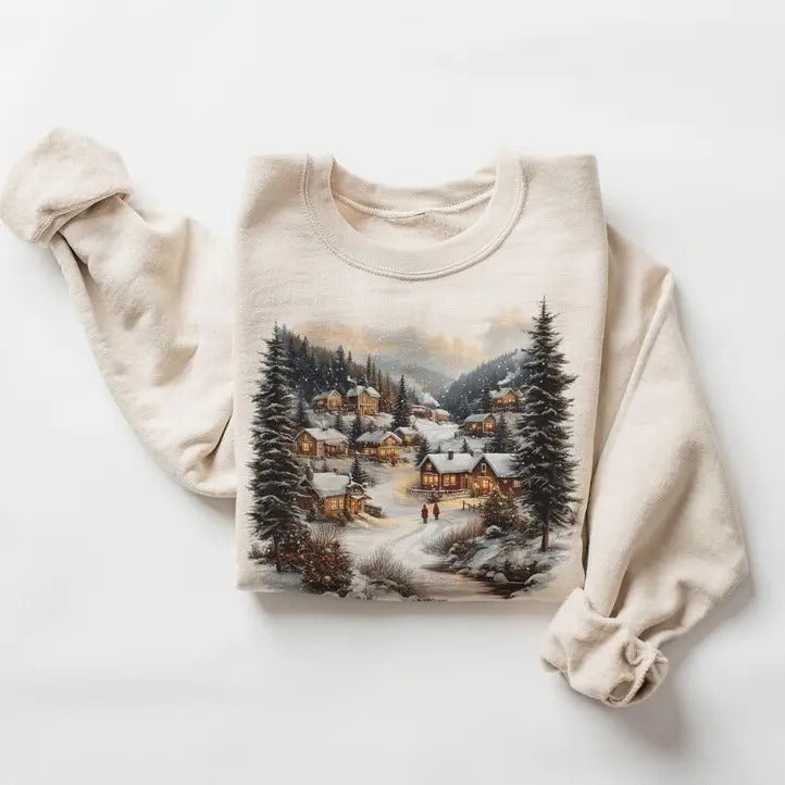 Retro Winter Village Nineties 90s Mountain Pine Trees - Adult & Kids T-Shirts, Sweatshirts & Hoodies apparel design preview 1