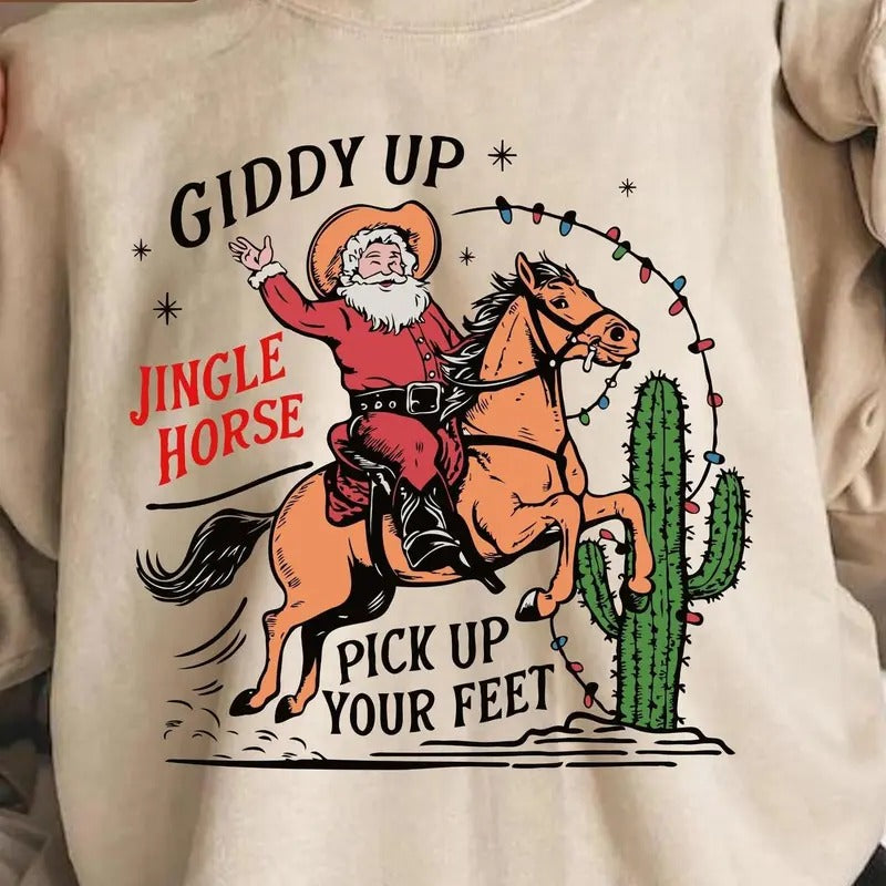 Retro Cowboy Western Santa Giddy Up Jingle Horse 100% - Adult & Kids T-Shirts, Sweatshirts & Hoodies apparel design preview 1