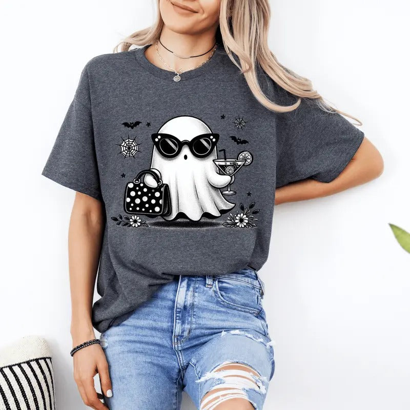 Retro Cute Halloween Ghost Cocktail. Casual Everyday - Adult & Kids T-Shirts, Sweatshirts & Hoodies apparel design preview 1