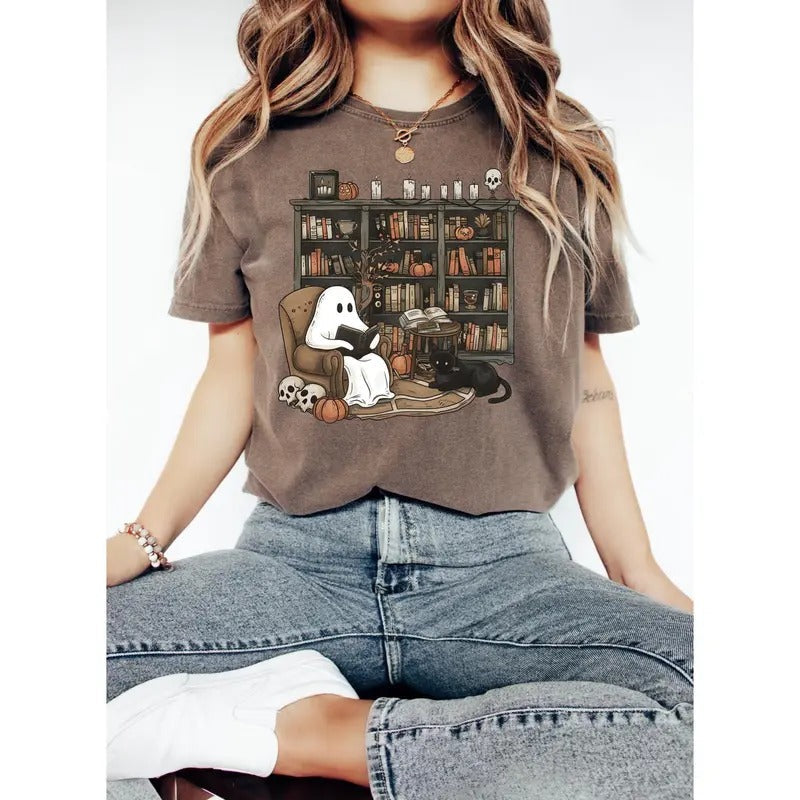 Retro Ghost Reading Book Halloween Teacher Fall - Adult & Kids T-Shirts, Sweatshirts & Hoodies apparel design preview 1
