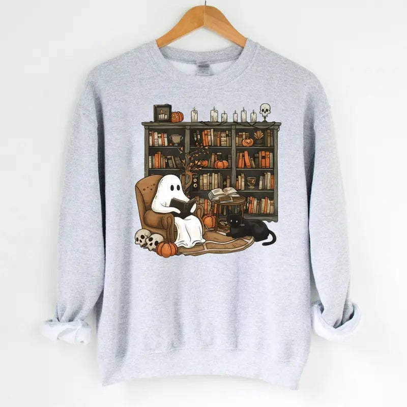Retro Ghost Reading Books Librarian Halloween Teacher - Adult & Kids T-Shirts, Sweatshirts & Hoodies apparel design preview 1
