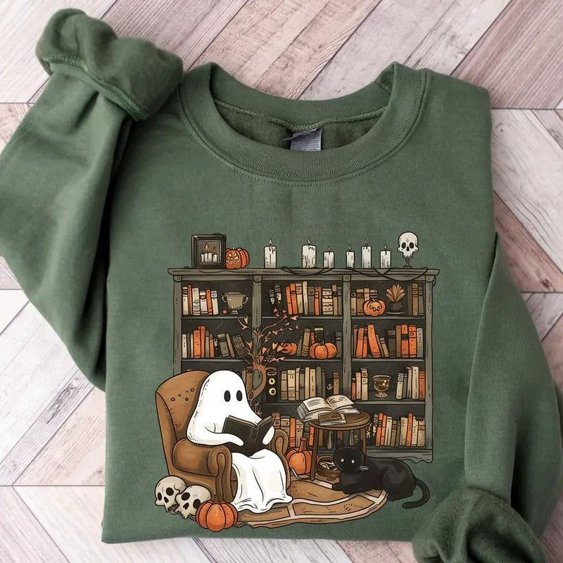 Retro Ghost Reading Books Librarian Halloween Teacher - Adult & Kids T-Shirts, Sweatshirts & Hoodies apparel design preview 1