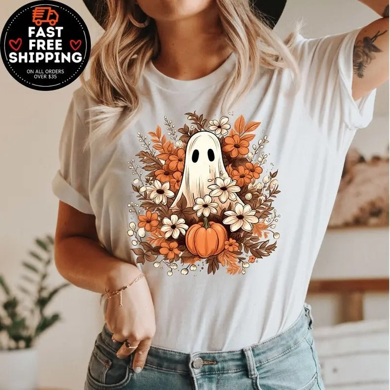 Retro Ghost Vintage Floral Halloween Flower Cute Fall - Adult & Kids T-Shirts, Sweatshirts & Hoodies apparel design preview 1