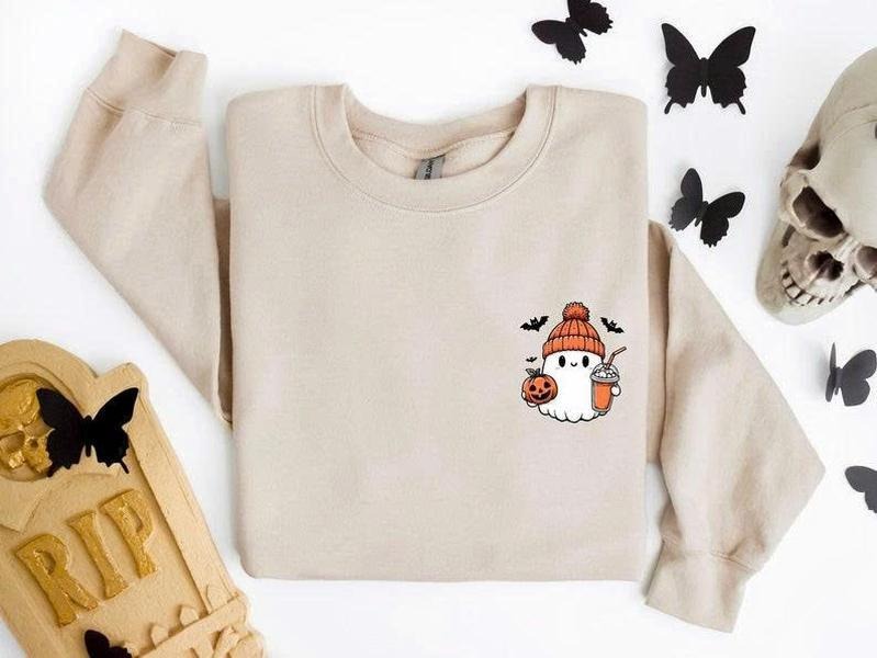 Retro Little Ghost Ice Coffee Cute Halloween Spooky - Adult & Kids T-Shirts, Sweatshirts & Hoodies apparel design preview 1
