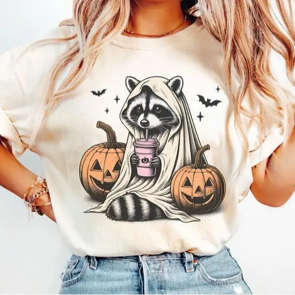 Retro Halloween Cute Raccoon Ghost Vintage Pumpkin - Adult & Kids T-Shirts, Sweatshirts & Hoodies apparel design preview 1