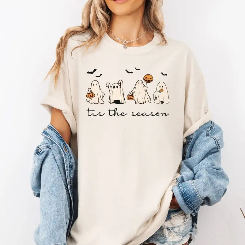 Retro Halloween Tis Season Ghost Cute Fall Pumpkin - Adult & Kids T-Shirts, Sweatshirts & Hoodies apparel design preview 1