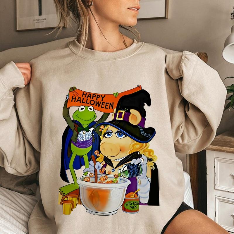 Retro Kermit Frog Miss Piggy Happy Halloween Muppets - Adult & Kids T-Shirts, Sweatshirts & Hoodies apparel design preview 1