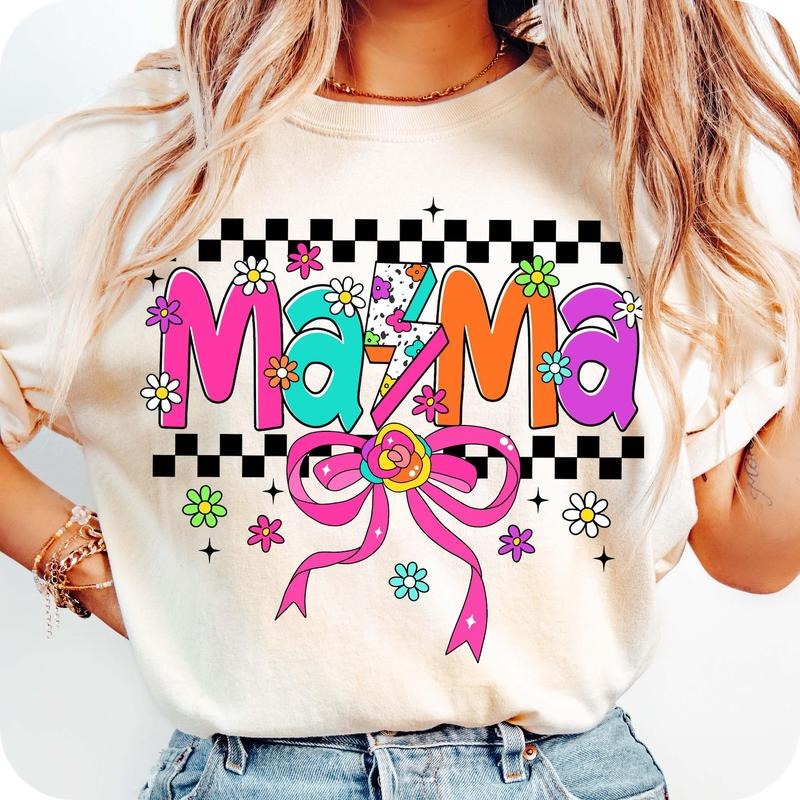 Retro Mama Coquette Bow Checkered Varsity Lightning - Adult & Kids T-Shirts, Sweatshirts & Hoodies apparel design preview 1