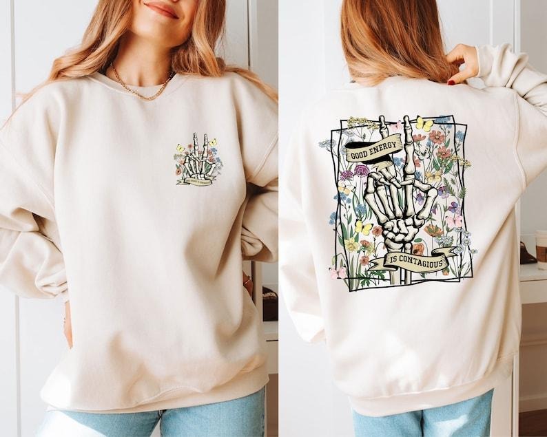 Retro Mental Health Good Energy Is Contagious Skull - Adult & Kids T-Shirts, Sweatshirts & Hoodies apparel design preview 1