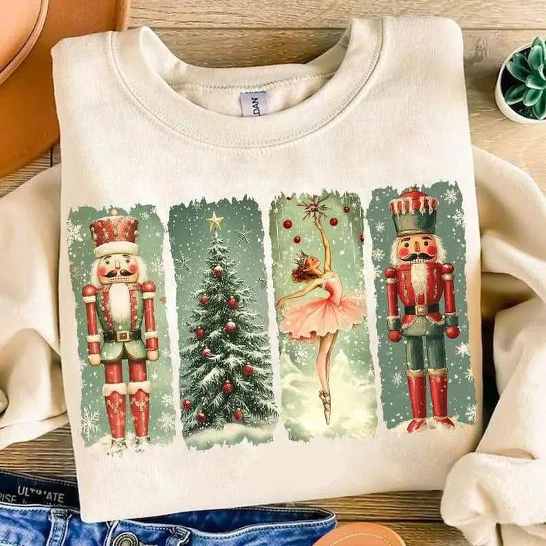 Retro Nutcracker Preppy Ballet Tree Sublimation Tops - Adult & Kids T-Shirts, Sweatshirts & Hoodies apparel design preview 1