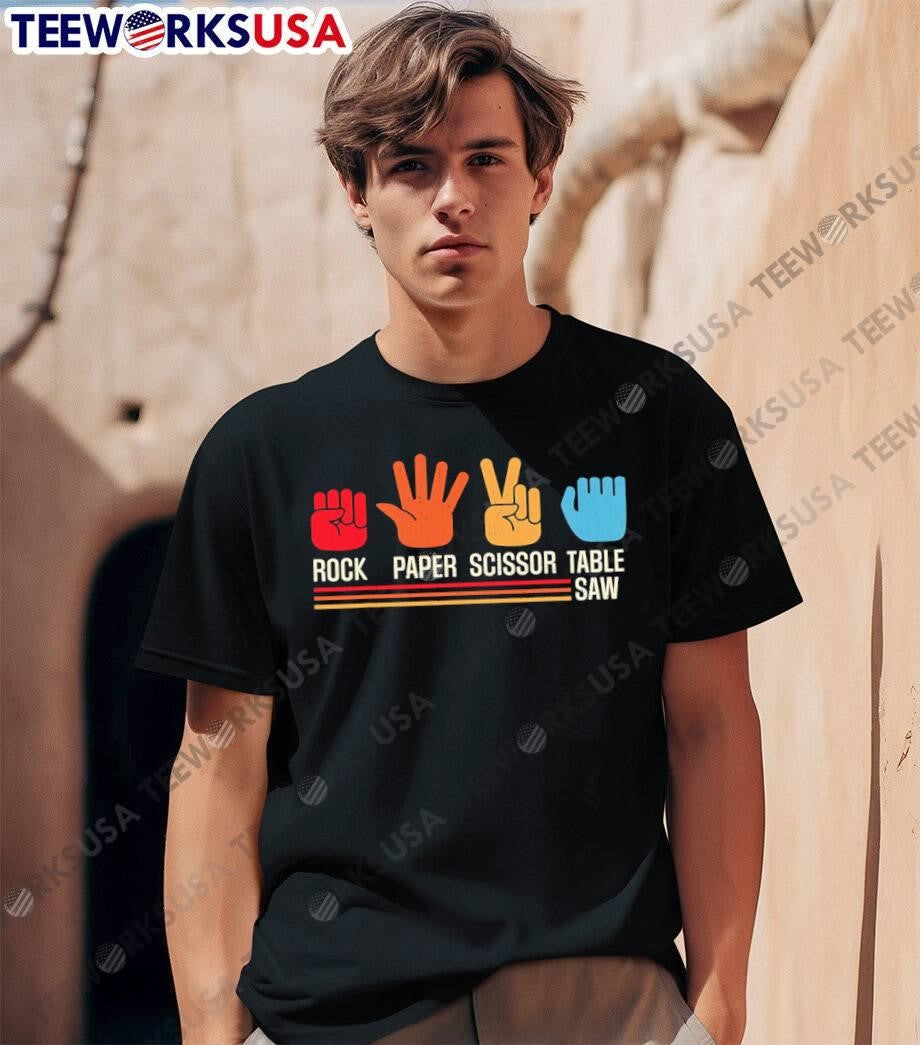 Retro Style Rock Paper Scissor Table Saw Hand - Adult & Kids T-Shirts, Sweatshirts & Hoodies apparel design preview 1