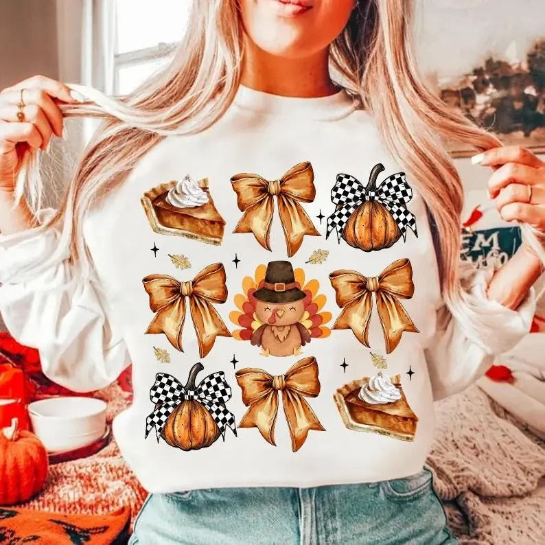 Retro Thanksgiving Fall Pumpkin Bow Coquette Turkey - Adult & Kids T-Shirts, Sweatshirts & Hoodies apparel design preview 1