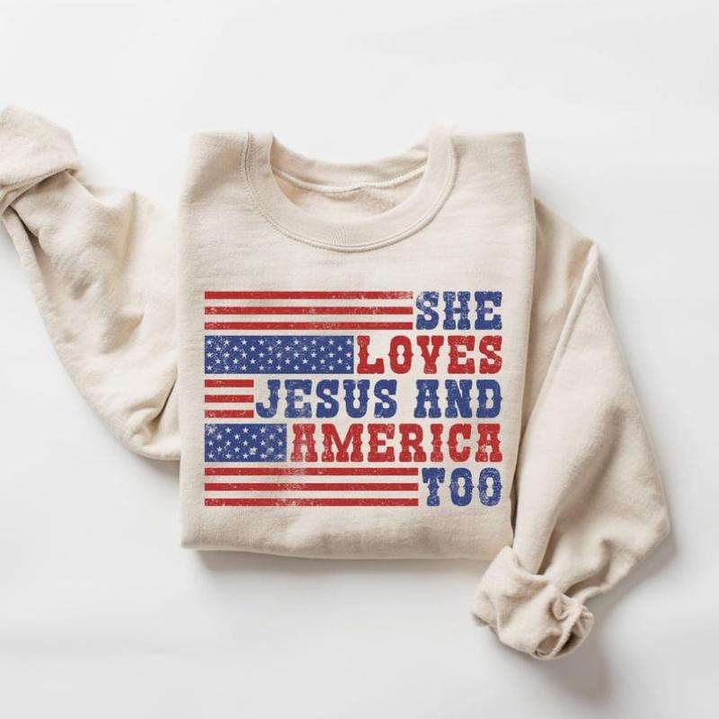 Retro USA She Loves Jesus America Too 4th July - Adult & Kids T-Shirts, Sweatshirts & Hoodies apparel design preview 1