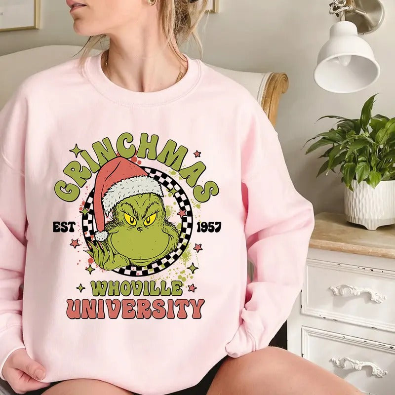 Retro Whoville University Est. 1957 2 Sided Grinchmas - Adult & Kids T-Shirts, Sweatshirts & Hoodies apparel design preview 1