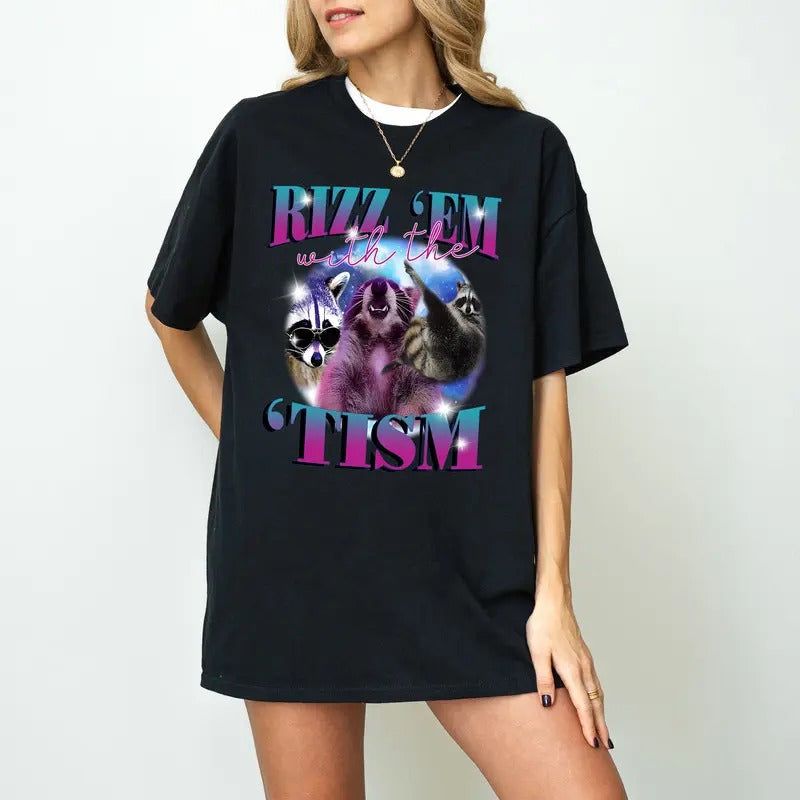 Rizz Em Tism Retro Raccoon Meme Relaxed Soft Cotton - Adult & Kids T-Shirts, Sweatshirts & Hoodies apparel design preview 1