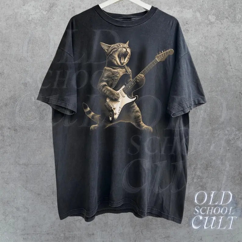 Rock Cat Playing Guitar Vintage Retro Funny Lovers - Adult & Kids T-Shirts, Sweatshirts & Hoodies apparel design preview 1