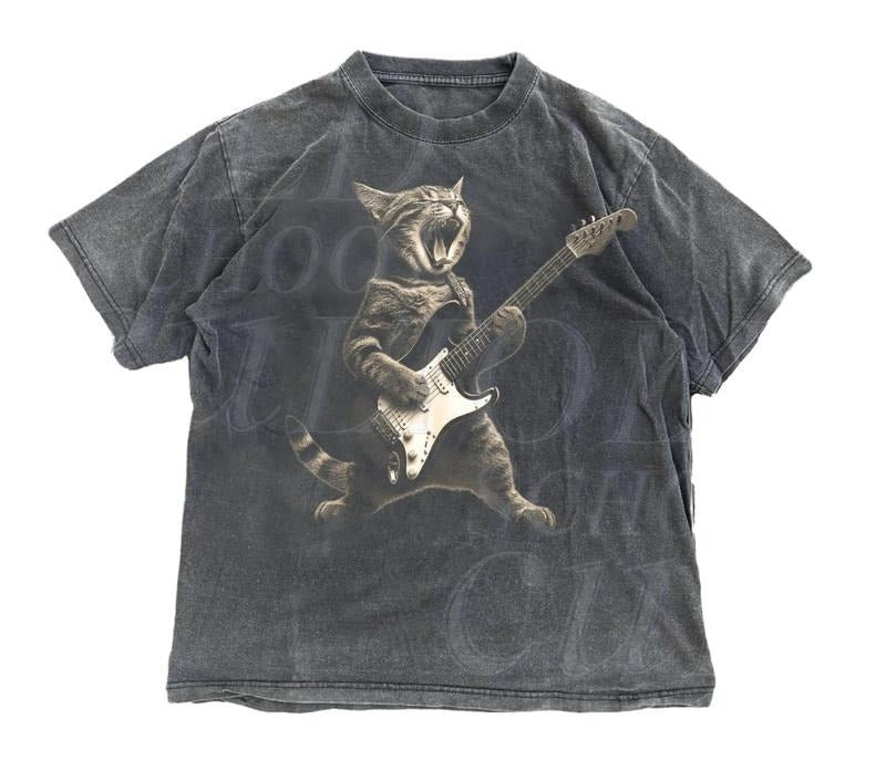 Rock Cat Playing Guitar Vintage Retro Funny Lovers - Adult & Kids T-Shirts, Sweatshirts & Hoodies apparel design preview 1