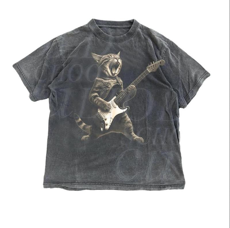 Rock Cat Playing Guitar Vintage Retro Funny Lovers - Adult & Kids T-Shirts, Sweatshirts & Hoodies apparel design preview 1
