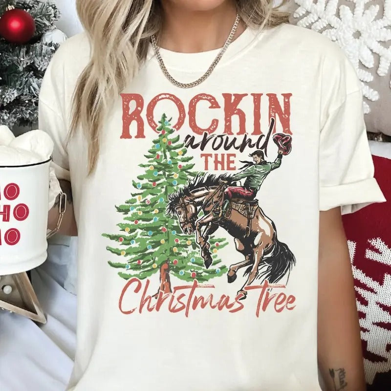 Rockin Around Tree Country Retro Xmas Western Cowboy - Adult & Kids T-Shirts, Sweatshirts & Hoodies apparel design preview 1