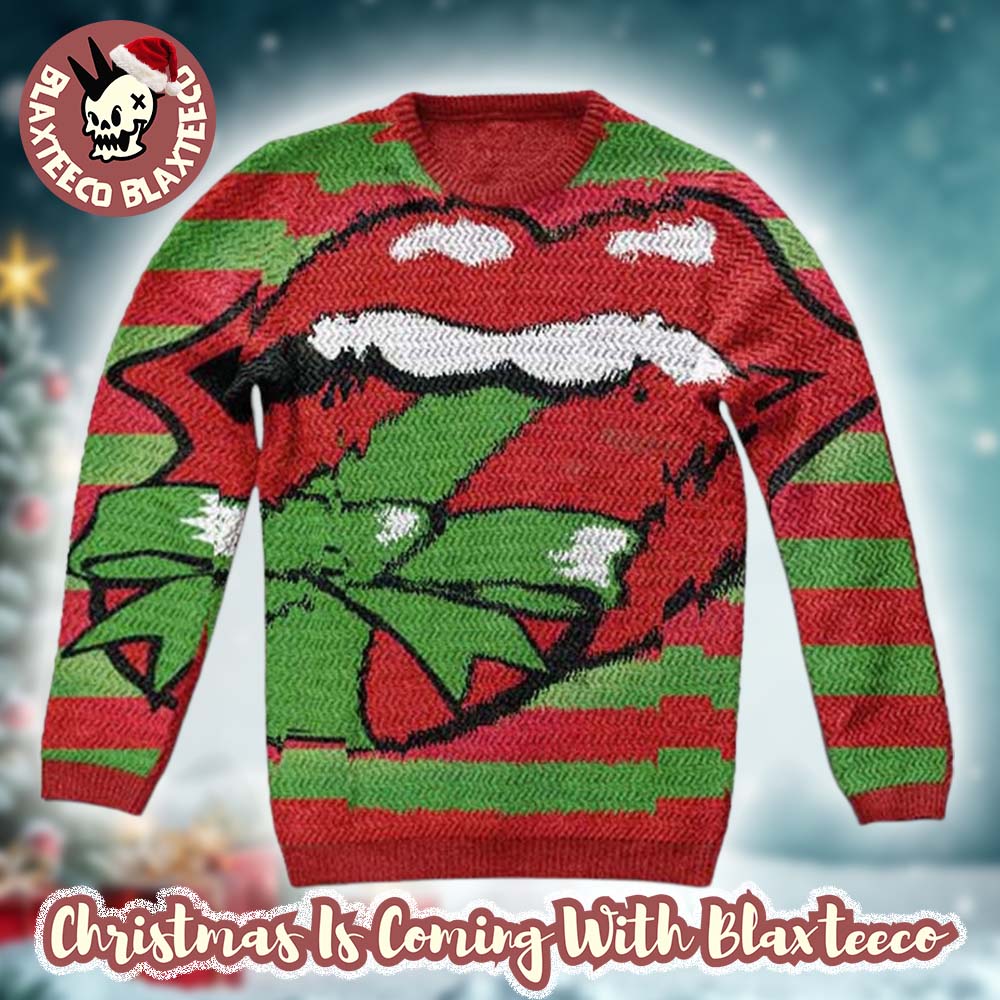 Rolling Stones Singature Tongue As A Present Red And Green Stripes Pattern Ugly Christmas Sweater - Holiday Gift product image