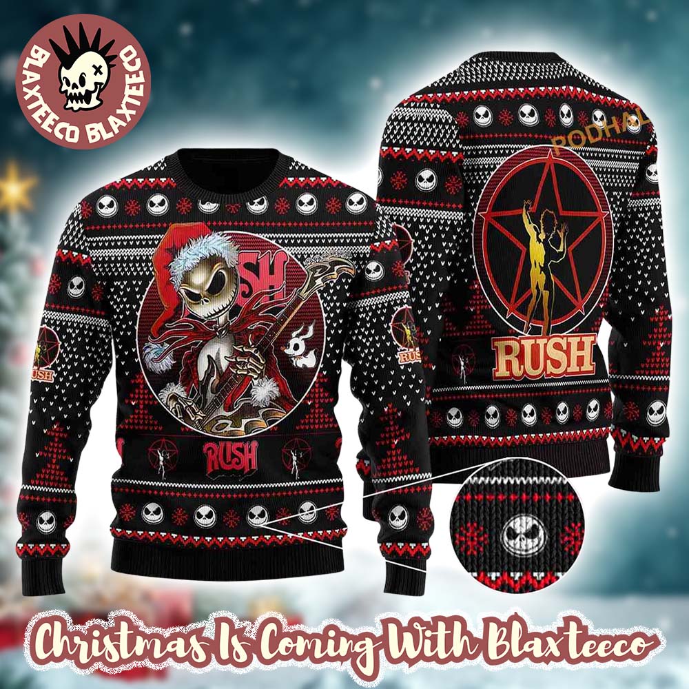 Rush Band X Jack Skelington Santa Clause Playing Electric Guitar For Fans Ugly Christmas Sweater - Holiday Gift product image
