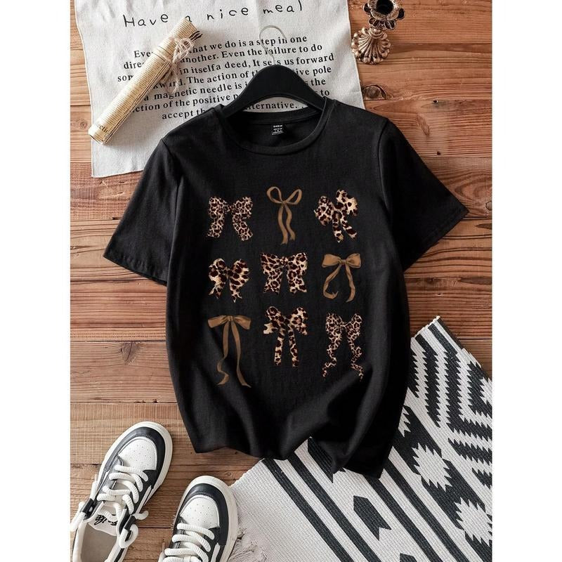 SHEIN EZwear Leopard Bow Decor Casual Minimalist - Adult & Kids T-Shirts, Sweatshirts & Hoodies apparel design preview 1