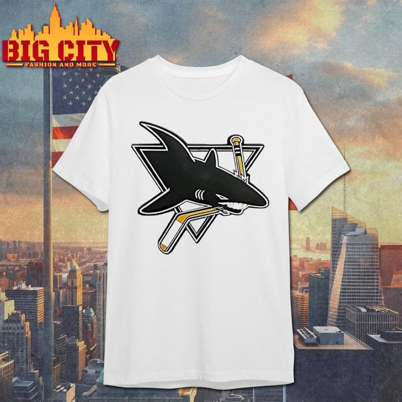 San Jose Sharks Logo Biting Hockey Stick Triangle - Adult & Kids T-Shirts, Sweatshirts & Hoodies apparel design preview 1