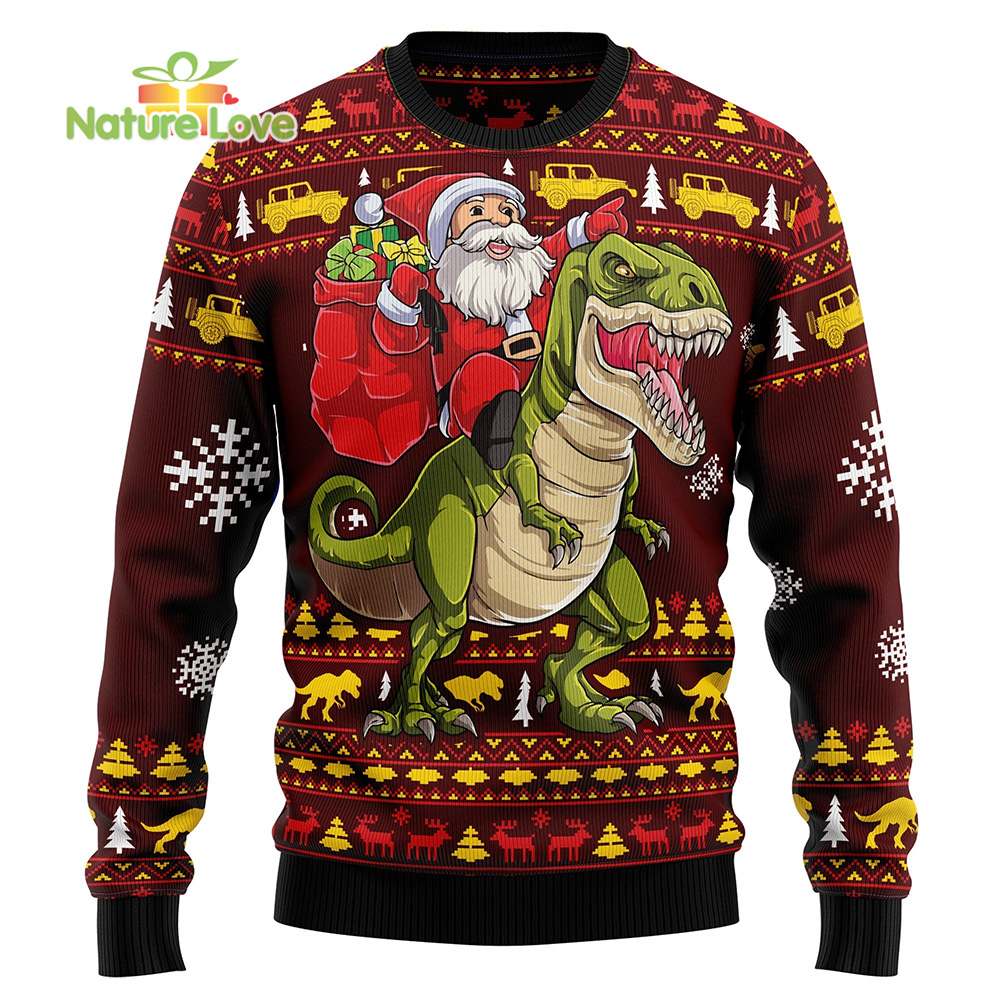 Santa Riding Dinosaur T Rex Santassic Park Ugly Christmas Sweater - Holiday Gift product image