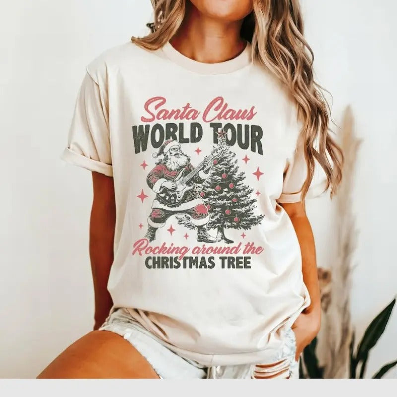 Santa Rocking Vintage Around Tree Retro Claus - Adult & Kids T-Shirts, Sweatshirts & Hoodies apparel design preview 1
