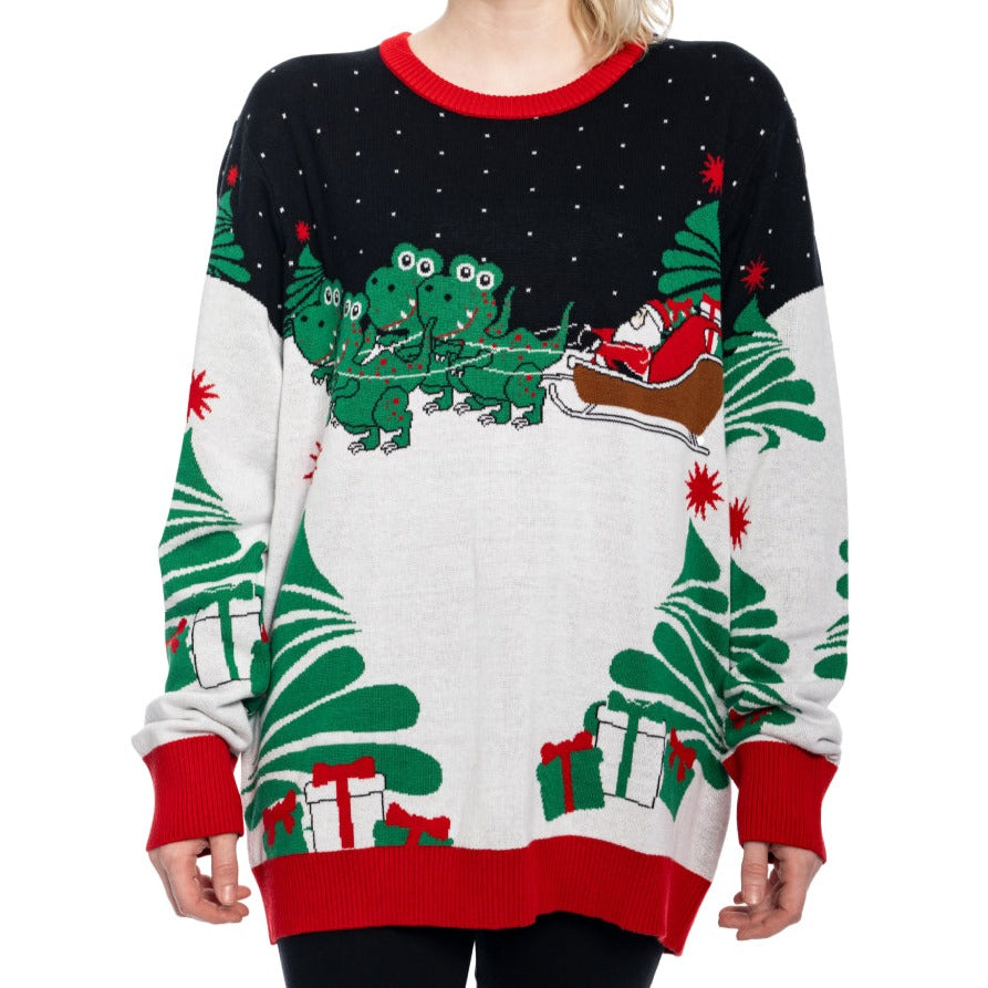 Santa on Sleigh T-Rex Christmas Sweater - Holiday Gift product image