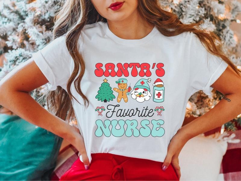 Santa'S Favorite Nurse Tree Party Xmas Short Sleeve - Adult & Kids T-Shirts, Sweatshirts & Hoodies apparel design preview 1