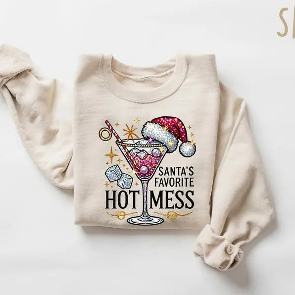 Santa'S Hot Mess Martini Drink Party Christian Tops - Adult & Kids T-Shirts, Sweatshirts & Hoodies apparel design preview 1