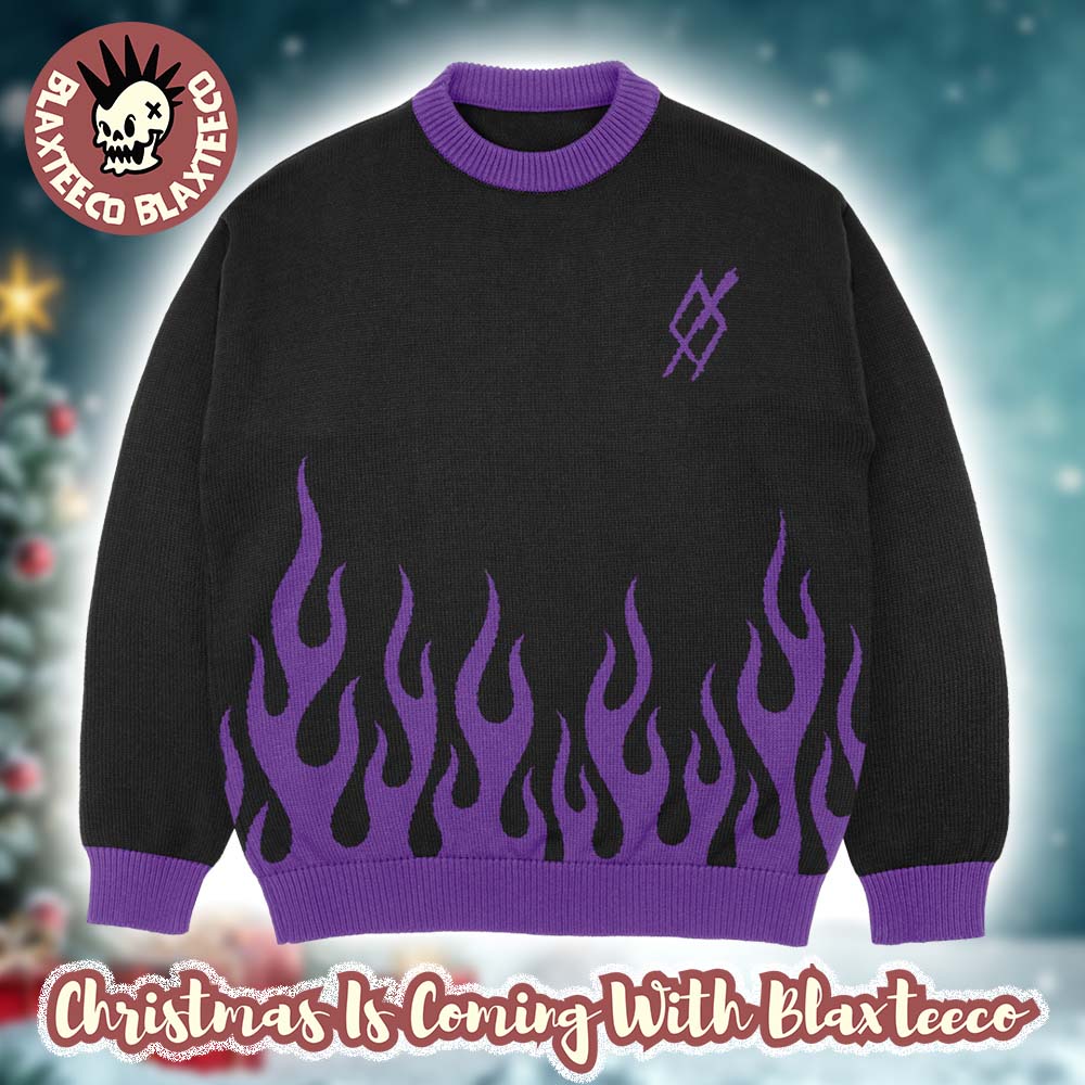 Set It Off Purple Flames In Knit Black Ugly Christmas Sweater - Holiday Gift product image