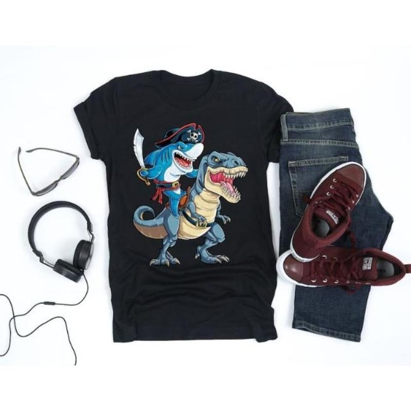 Shark Pirate Riding Dinosaur T Rex Sharks Lover Made - Adult & Kids T-Shirts, Sweatshirts & Hoodies apparel design preview 1