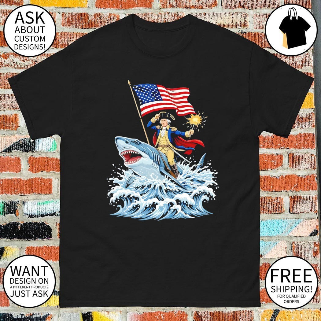 Shark Riding George Washington Patriotic 4th of July - Adult & Kids T-Shirts, Sweatshirts & Hoodies apparel design preview 1