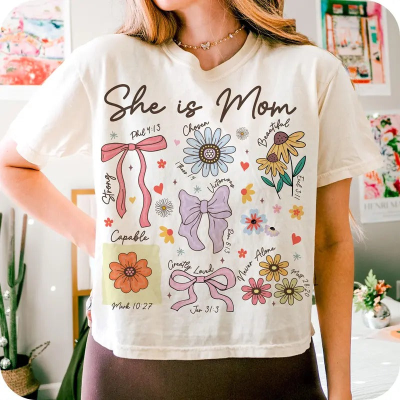 She Is Mom Christian Mama Boho Floral Wildflower - Adult & Kids T-Shirts, Sweatshirts & Hoodies apparel design preview 1