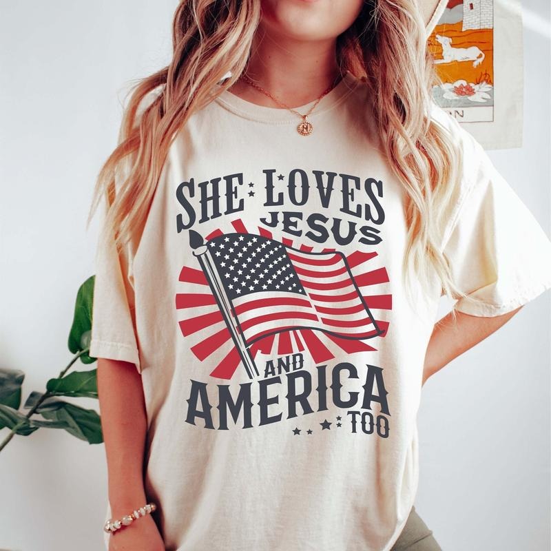 She Loves Jesus America Too Independence Day Pure - Adult & Kids T-Shirts, Sweatshirts & Hoodies apparel design preview 1