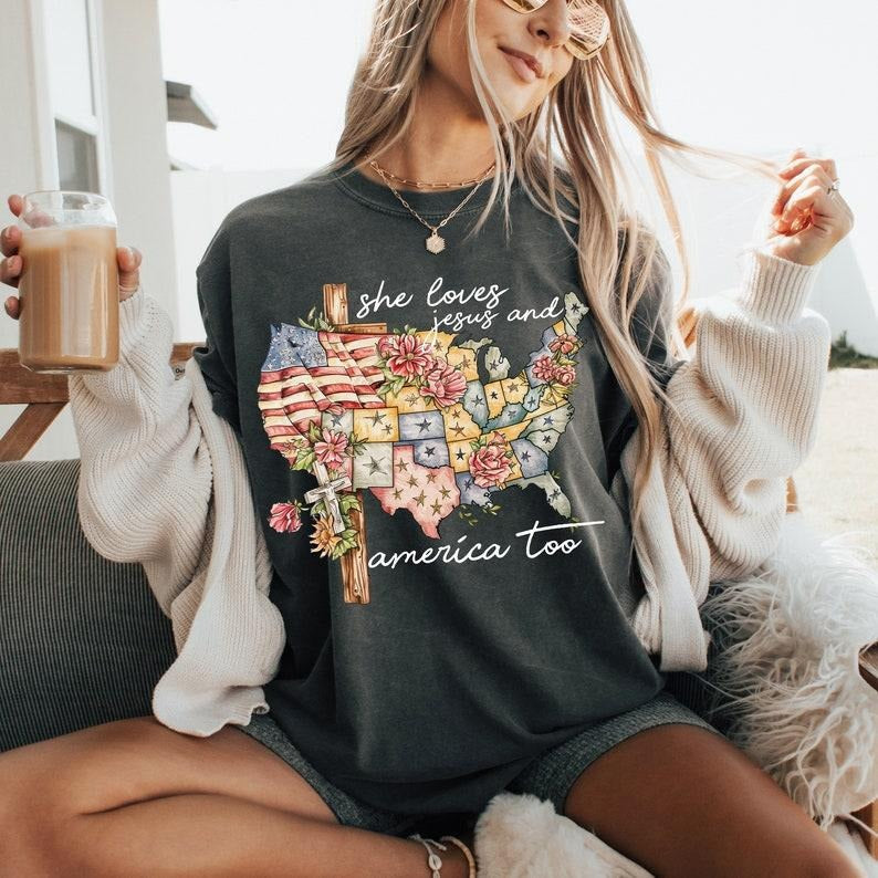 She Loves Jesus America Too 4th July Independence Day - Adult & Kids T-Shirts, Sweatshirts & Hoodies apparel design preview 1