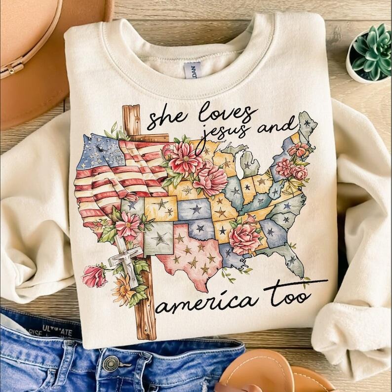 She Loves Jesus America Too 4th July Independence Day - Adult & Kids T-Shirts, Sweatshirts & Hoodies apparel design preview 1