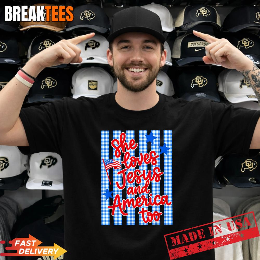 She Loves Jesus and America Too 4th of July - Adult & Kids T-Shirts, Sweatshirts & Hoodies apparel design preview 1