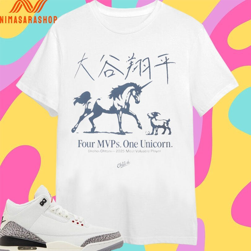 Shohei Ohtani Four MVPs One Unicorn 2025 Most - Adult & Kids T-Shirts, Sweatshirts & Hoodies apparel design preview 1