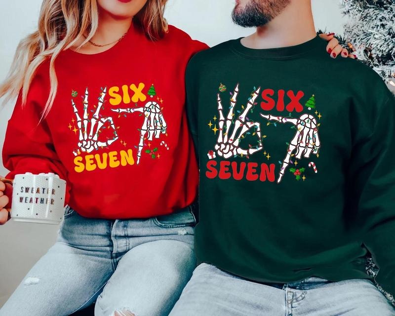 Skeleton 6 7 Six Seven Meme Santa Says Viral - Adult & Kids T-Shirts, Sweatshirts & Hoodies apparel design preview 1
