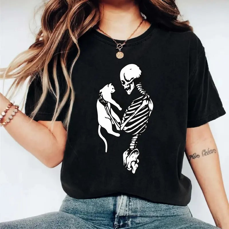 Skeleton Cat Holding Spooky Owner Halloween Party - Adult & Kids T-Shirts, Sweatshirts & Hoodies apparel design preview 1