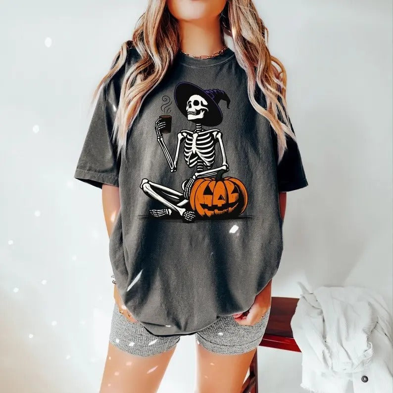 Skeleton Pumpkin Coffee Lover Fall Latte Retro - Adult & Kids T-Shirts, Sweatshirts & Hoodies apparel design preview 1