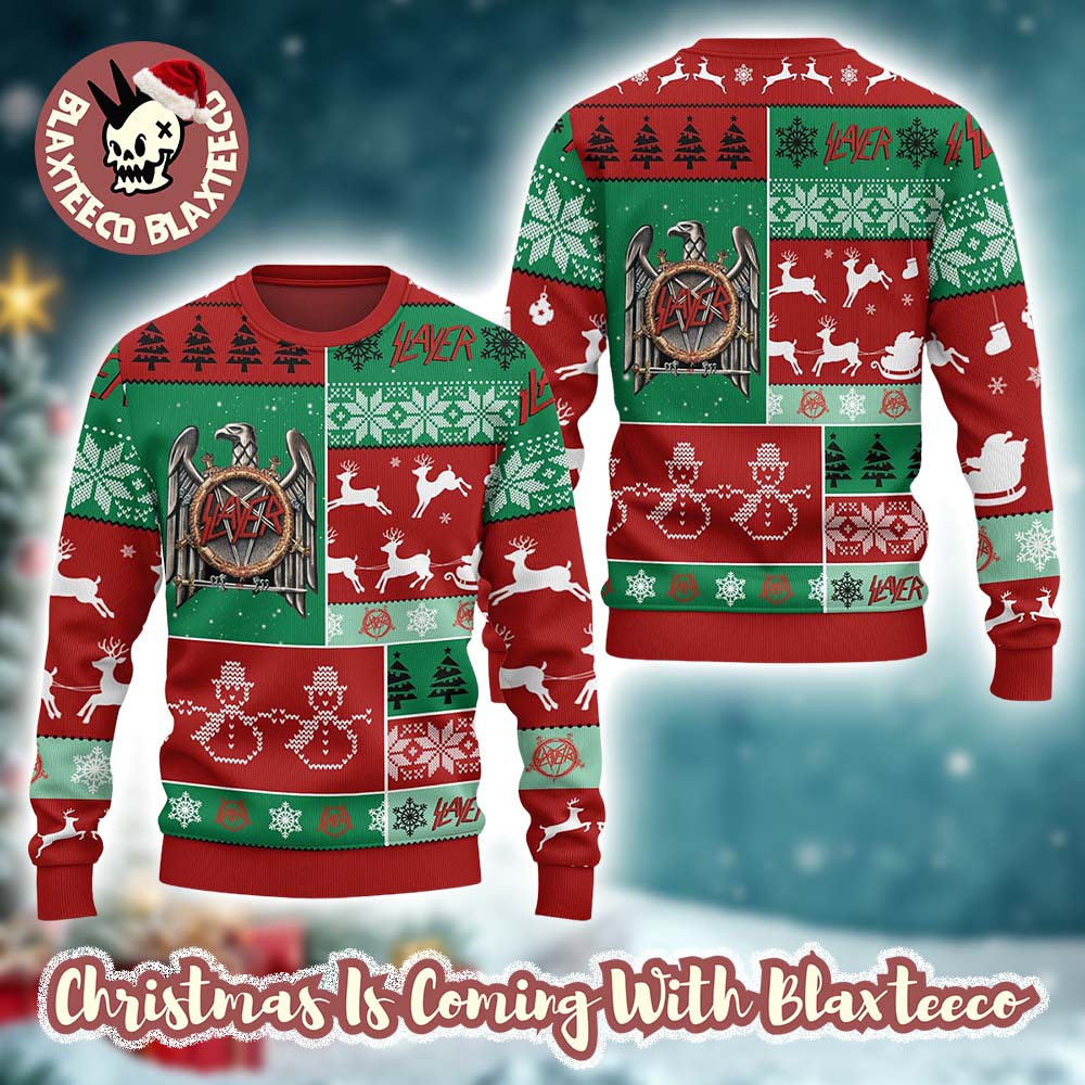 Slayer Band Eagle Logo Reindeer Pattern Checker Retro Style Holiday Ugly Christmas Sweater - Holiday Gift product image