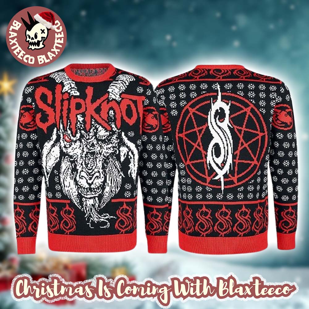 Slipknot Big Logo Goat Face Snowflakes Pattern Knitted Signature Black And Red Ugly Christmas Sweater - Holiday Gift product image