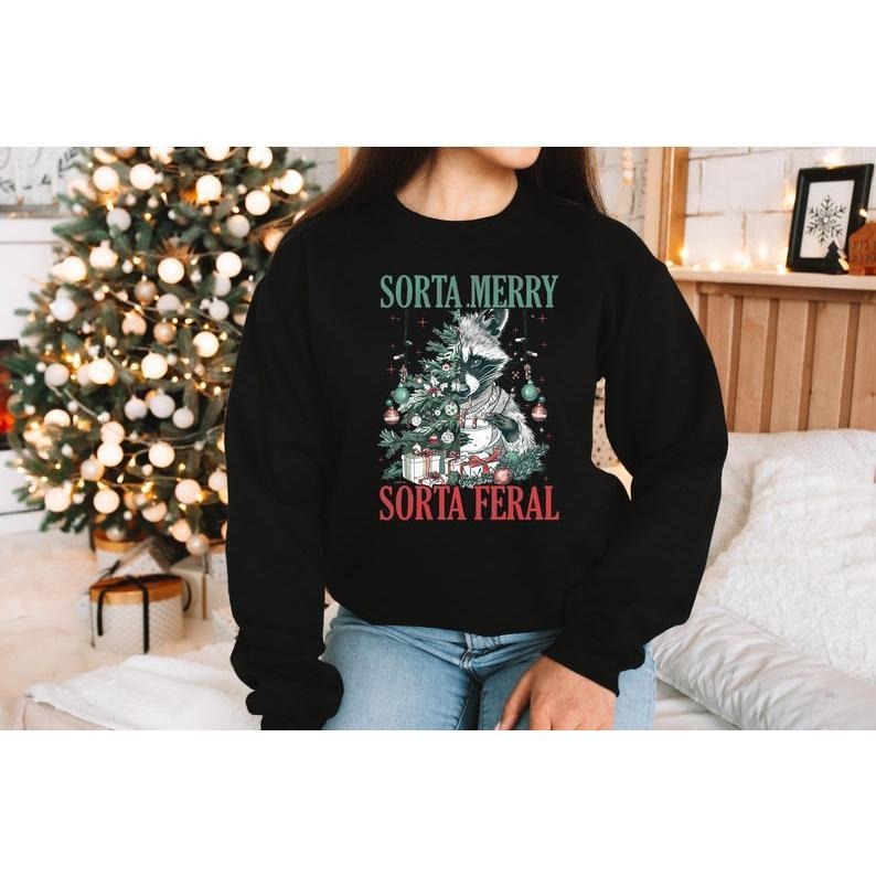 Sorta Merry Feral Funny Cute Raccoon Xmas Popular - Adult & Kids T-Shirts, Sweatshirts & Hoodies apparel design preview 1